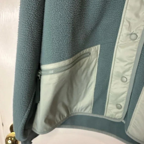 Madewell Large Teal Blue Sherpa Snap Front Zip Jacket Fleece Utility Pkt - Picture 2 of 6